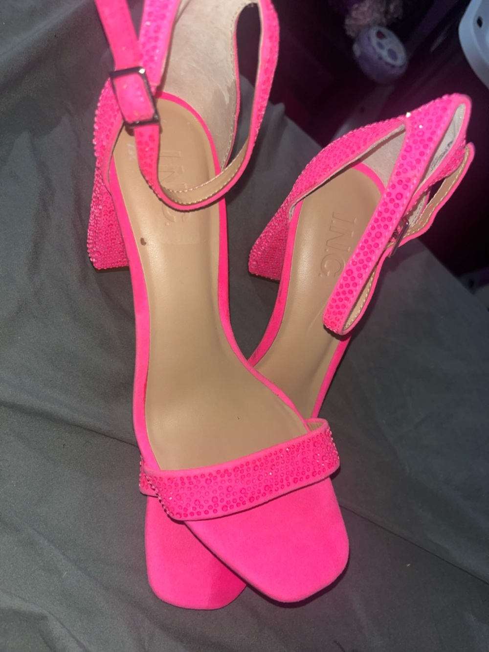 INC International Concepts Hot Pink Crystal Embellished Block Heels - Picture 3 of 6